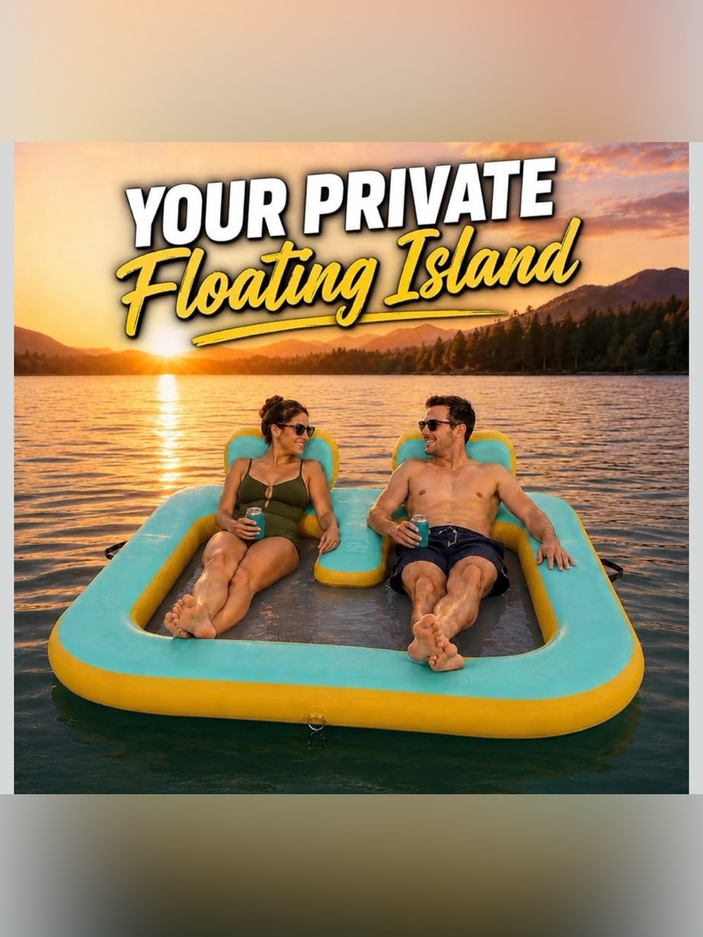 Floating Island Inflatable 2-Person Lounge Raft w/ Headrests - Teal & Gray